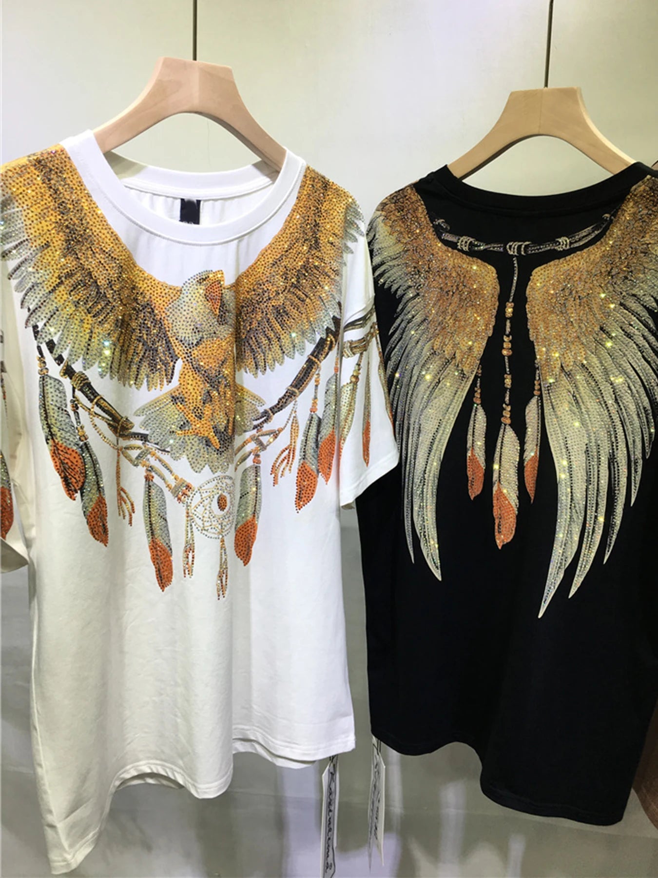 Plus Size Graphic Tees for Women Eagle Rhinestone Printed Tops Loose Fit T Shirts Short Sleeve Oversized Streetwear