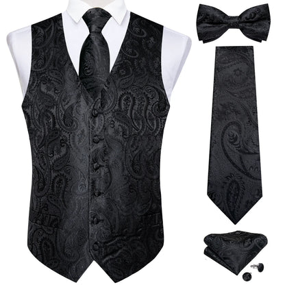 Men's Black Solid Paisley Suit Vest with Necktie Bow Tie Handkerchief Cufflinks Formal Waistcoat for Wedding Prom Tuxedo