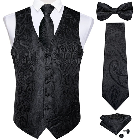 Men's Black Solid Paisley Suit Vest with Necktie Bow Tie Handkerchief Cufflinks Formal Waistcoat for Wedding Prom Tuxedo