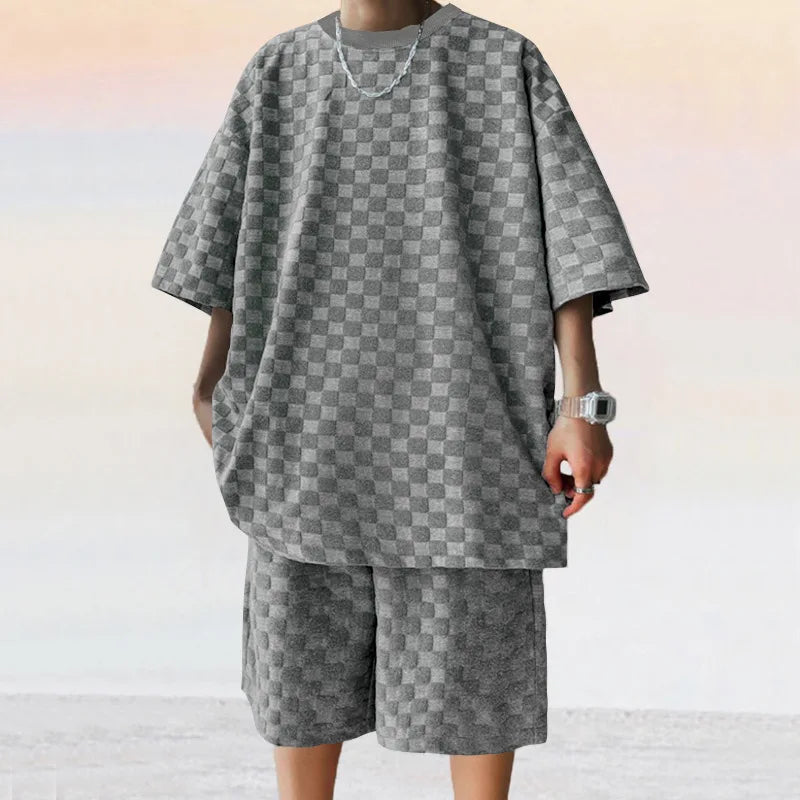 Men's Summer Checkered Loose Two-piece Sports Leisure Suit Short Sleeve T-shirt Shorts Casual Suit Plus Size Fashion Men's Suit