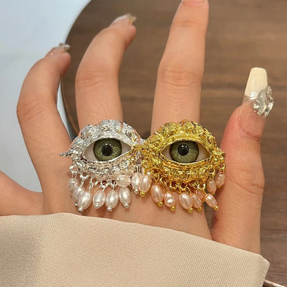 Jewelry Vintage Devil's Eye Ring Delicate Imitated Pearl Glaze Ring Tassels Exaggerated Opening Finger Ring Party Favors