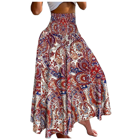 Women Vintage Floral Print Boho Skirt 2024 Summer Casual Loose Pleated Long Skirt Elegant Female High Elastic Waist Maxi Skirts