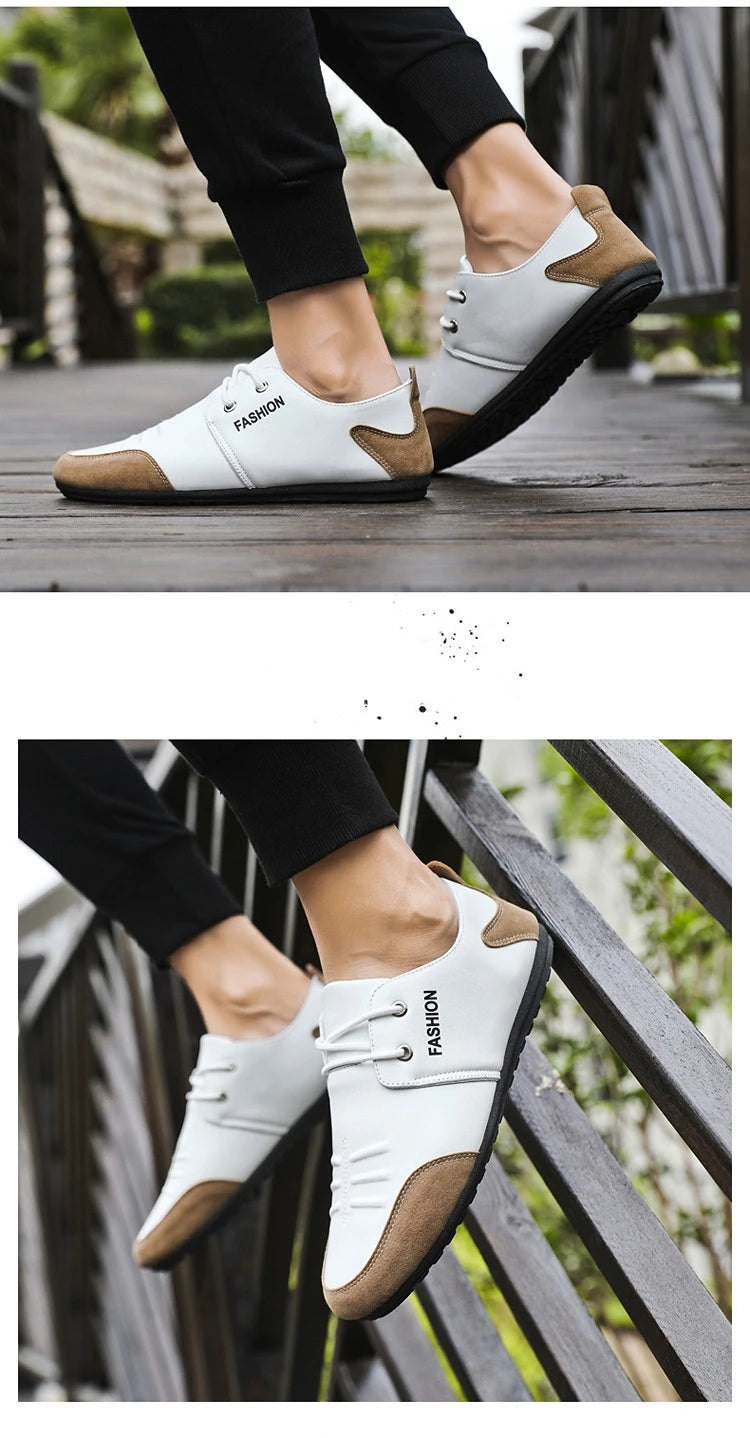 Flat Men Shoes Leisure Leather Shoes for Men White Footwear 2025 Summer Trend Breathable Soft Casual Sneakers British Peas Shoes