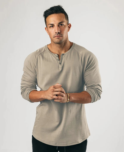 Men Muscle Shirt Long Sleeve T-shirt Solid Vintage Henley Shirts Sports Fitness Casual Cotton Stretch Thin V-neck Tee