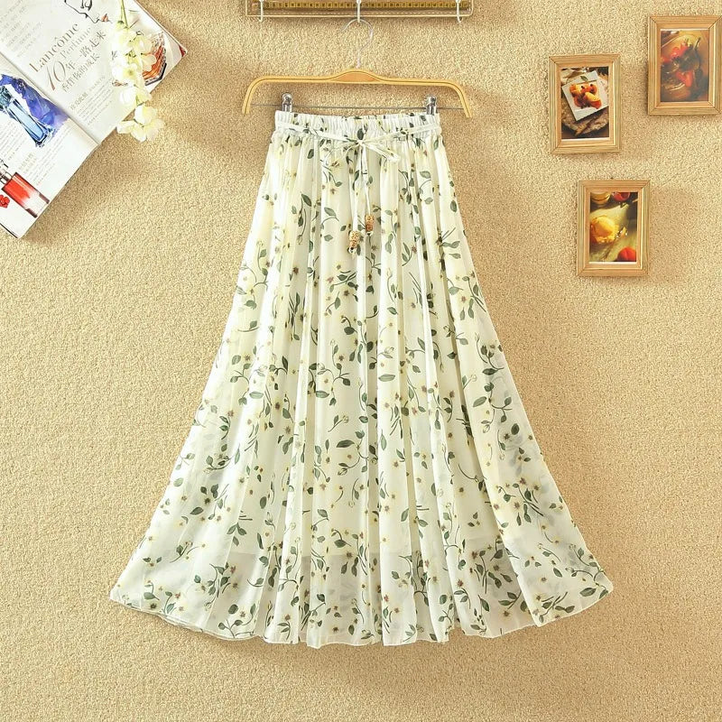 Elegant Chiffon Long Skirts For Women Autumn Casual Women's Floral Print Maxi Skirt Female High Waist Elastic A-Line Skirts