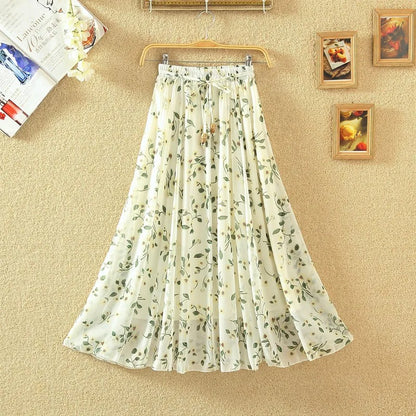 Elegant Chiffon Long Skirts For Women Autumn Casual Women's Floral Print Maxi Skirt Female High Waist Elastic A-Line Skirts