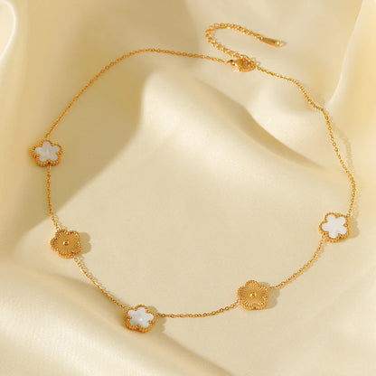 Stainless Steel White Plum Blossom Plant Leaf Flower Set Reversible Necklace Earrings Bracelet Women Clover Jewelry