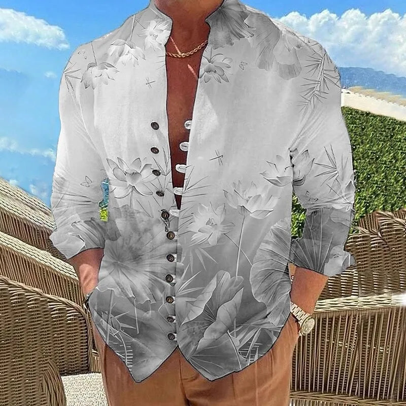 New men's flower pattern 3D printed shirt, high-quality and fashionable casual long sleeved shirt, lapel top