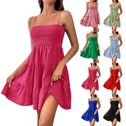 Bohemian Beach Sundress Women Sexy Sleeveless Backless Big Swing Mini Dress Solid Spaghetti Strap Ruffles Dress Summer Vestidos