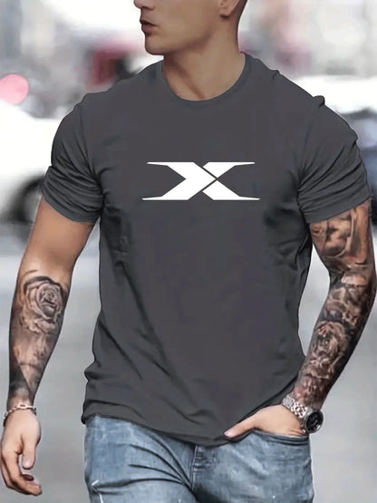 Summer men's 100% cotton casual loose fit large X letter print round neck short sleeved T-shirt top High Street Unisex style