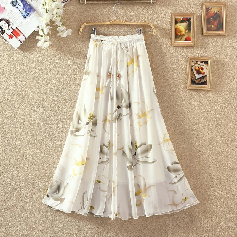 Elegant Chiffon Long Skirts For Women Autumn Casual Women's Floral Print Maxi Skirt Female High Waist Elastic A-Line Skirts