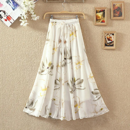 Elegant Chiffon Long Skirts For Women Autumn Casual Women's Floral Print Maxi Skirt Female High Waist Elastic A-Line Skirts