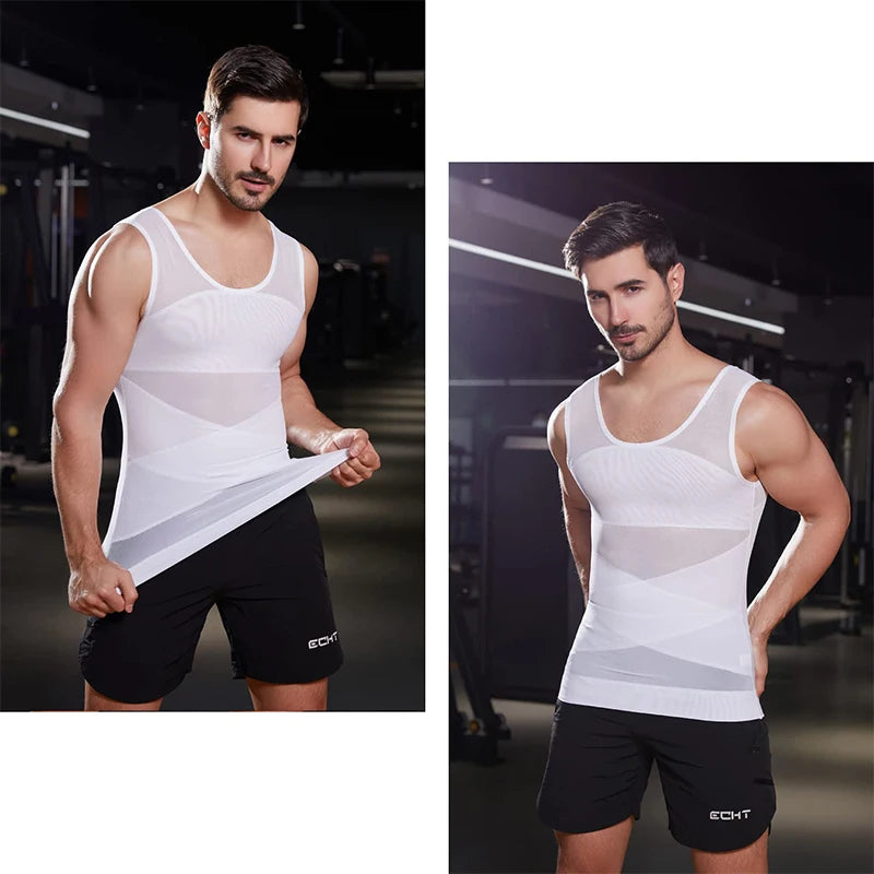 Men's Cross Mesh Vest Compression Shirts Breathable Sleeveless Tank Top Shapewear Fajas Slimming Tummy Control Body Shaper