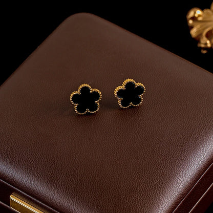Stainless Steel White Plum Blossom Plant Leaf Flower Set Reversible Necklace Earrings Bracelet Women Clover Jewelry