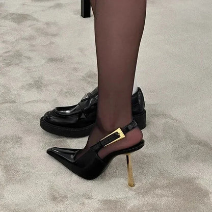 Patent leather high heels Women 2024 new gold with one-line sandals pointy skinny heels party women's shoes