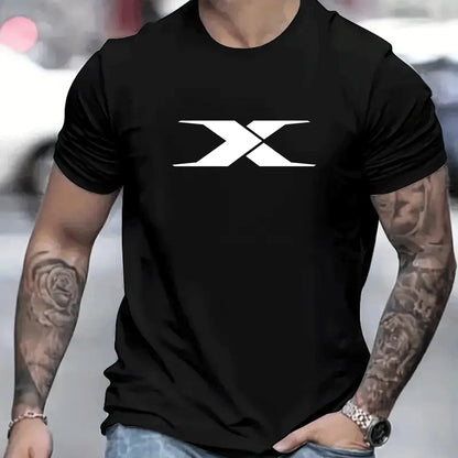 Summer men's 100% cotton casual loose fit large X letter print round neck short sleeved T-shirt top High Street Unisex style