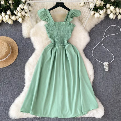 YuooMuoo Korean Fashion A-line Women Dress 2025 Aesthetic Slim Elastic Waistband Summer Dress Vacation Style Lady Beach Vestidos