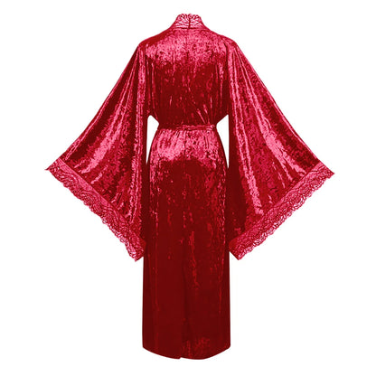 Women's Lace Velvet Bathrobe Breathable Nightgown Kimono Home Clothes Flare Sleeve Night Long Robe Female Sleepwear Homewear