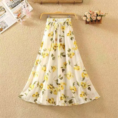 Elegant Chiffon Long Skirts For Women Autumn Casual Women's Floral Print Maxi Skirt Female High Waist Elastic A-Line Skirts