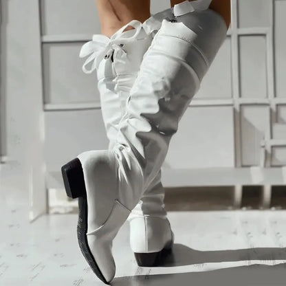 Womens Fashion Leather Shoes Bow Tie Thick Heel Long Boots Socks For Women Knee High Boots British Style 2024 Winter Flat Shoes