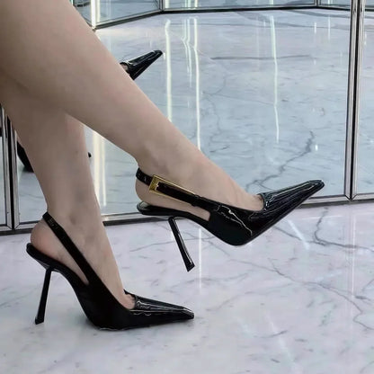 Patent leather high heels Women 2024 new gold with one-line sandals pointy skinny heels party women's shoes