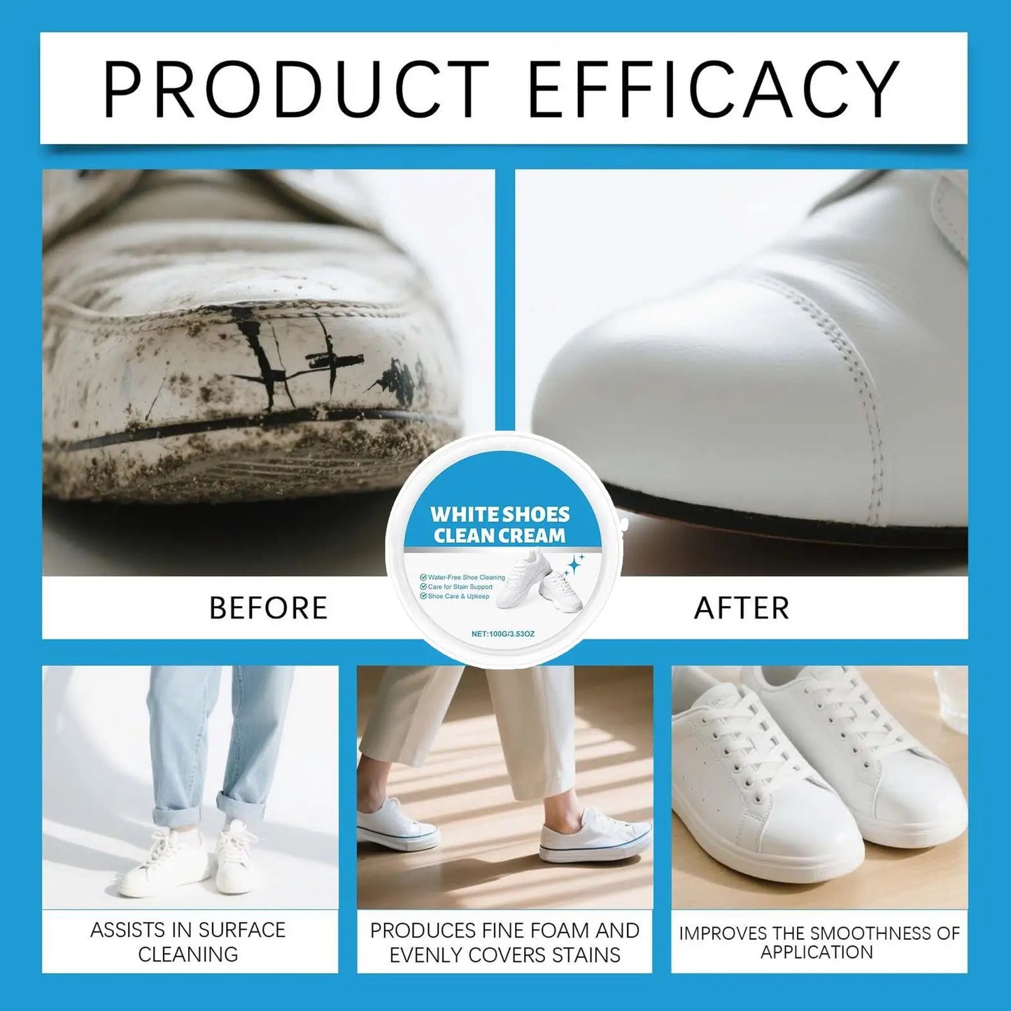 100g White Shoe Cleaner Cream Anti-Yellowing Stain Remover with Sponge Leather Mesh Rubber Canvas Cleaning Kit for Boots Shoes