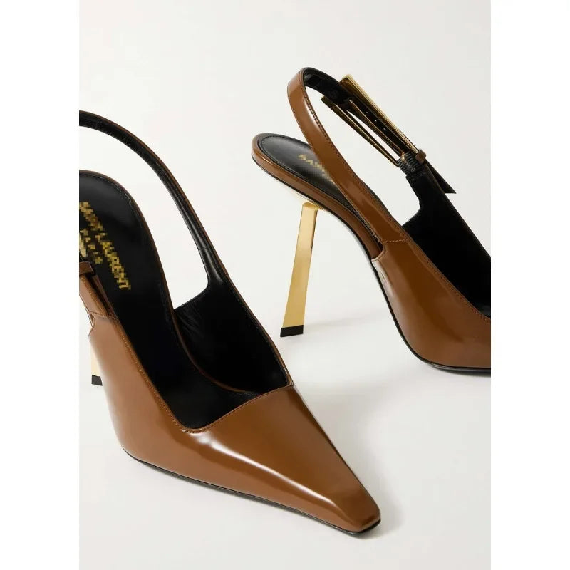 Elegant Fashionable Black Pointed Toe Thin Heel Single Shoes Patent Leather Buckle High Heels Stylish Luxurious