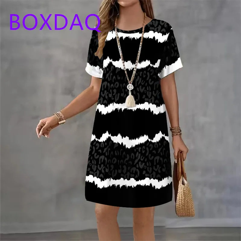 Geometric Stripe Printing Dress For Women Summer Sundress Loose Casual Short Sleeve O-Neck A-Line Dress Women Beach Mini Dresses