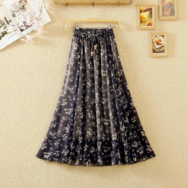 Elegant Chiffon Long Skirts For Women Autumn Casual Women's Floral Print Maxi Skirt Female High Waist Elastic A-Line Skirts