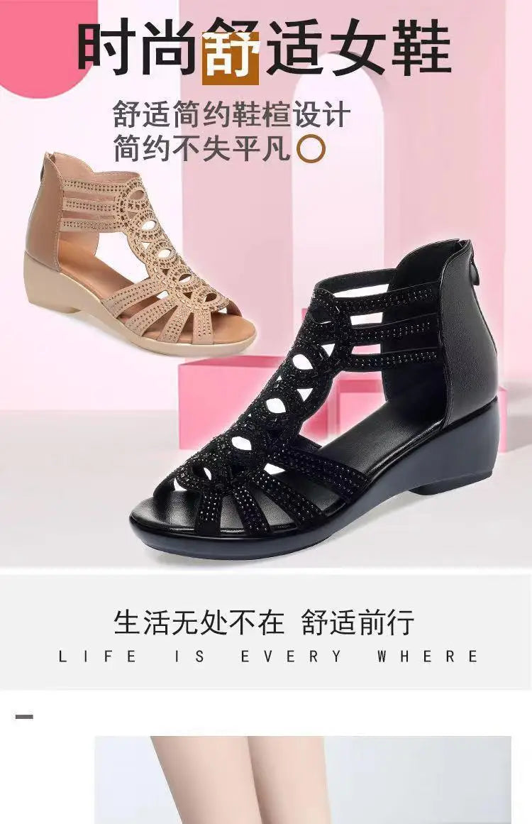 Real Soft Leather Roman Sandals Women's Chunky Heel Mom Shoes Fashion Outerwear Women's Sandals Wedge Women's Shoes 2023