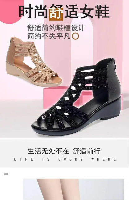Real Soft Leather Roman Sandals Women's Chunky Heel Mom Shoes Fashion Outerwear Women's Sandals Wedge Women's Shoes 2023