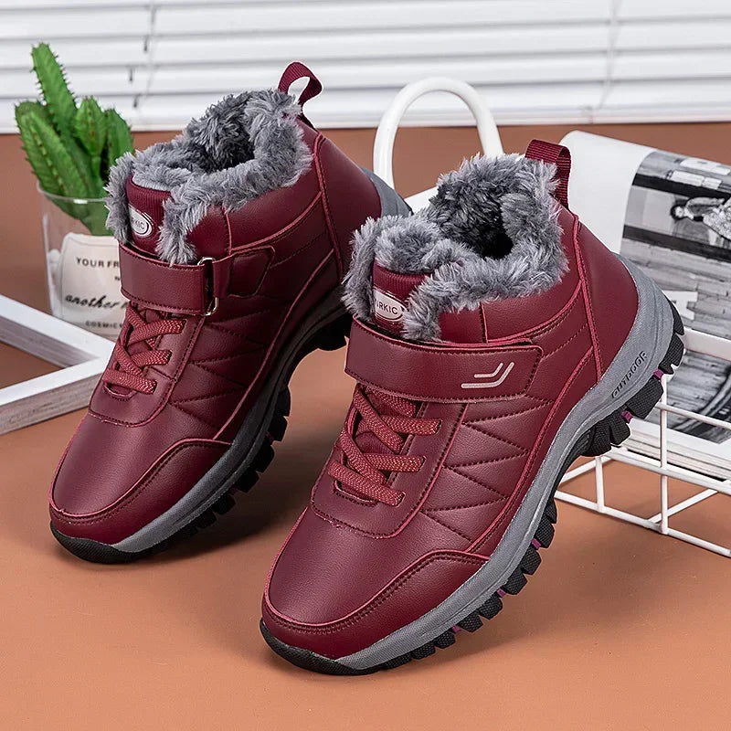 Winter Men Boots Leather Waterproof Outdoor Non-slip Hiking Shoes Unisex Men Women Warm Plush Ankle Boot Big Size 47 48