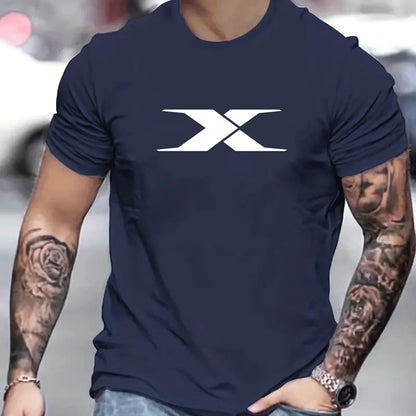 Summer men's 100% cotton casual loose fit large X letter print round neck short sleeved T-shirt top High Street Unisex style