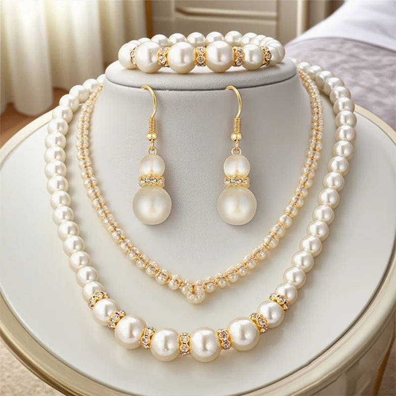 3 in1 Set Elegant Simulated Pearl Necklace Earrings Bracelet Long Necklace For Women Bridal Wedding Jewelry Gift