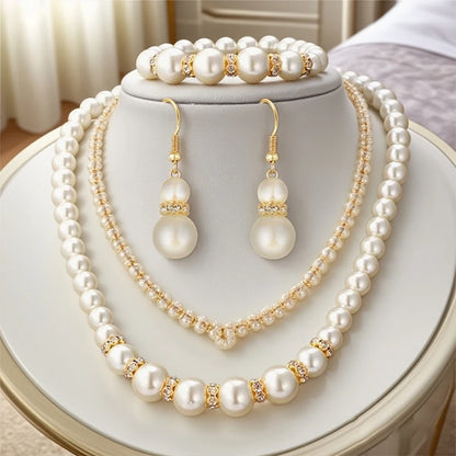 3 in1 Set Elegant Simulated Pearl Necklace Earrings Bracelet Long Necklace For Women Bridal Wedding Jewelry Gift