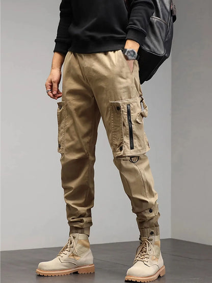 Mens Trousers Popular Casual Slim Fit Solid Color Pocket Cargo Pants Loose Wide Leg Straight Elastic High Waisted Pantalones