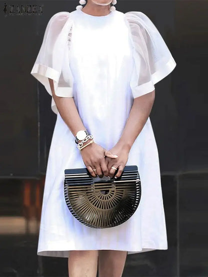 Vintage Ruffle Short Sleeve Sundress ZANZEA 2025 Summer Women Mini Dress Mesh Patchwork Party Casual Loose Dresses Solid Vestido