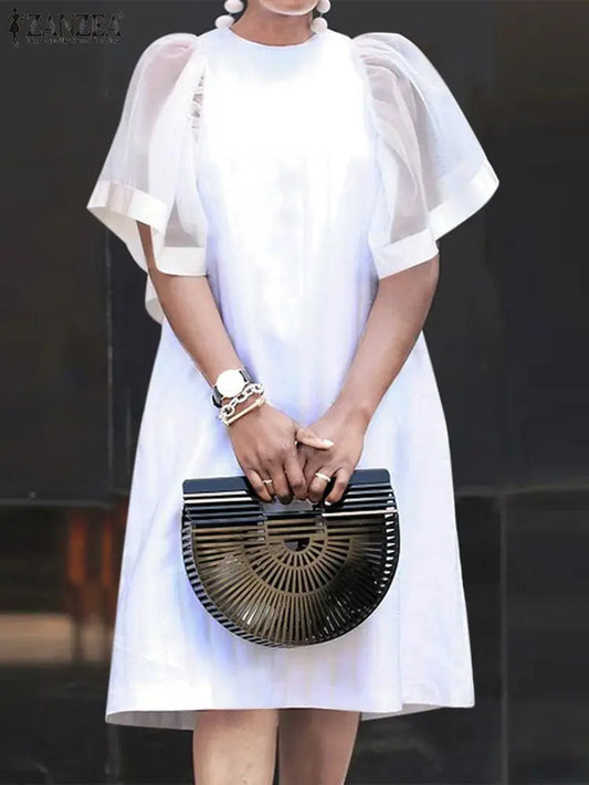 Vintage Ruffle Short Sleeve Sundress ZANZEA 2025 Summer Women Mini Dress Mesh Patchwork Party Casual Loose Dresses Solid Vestido