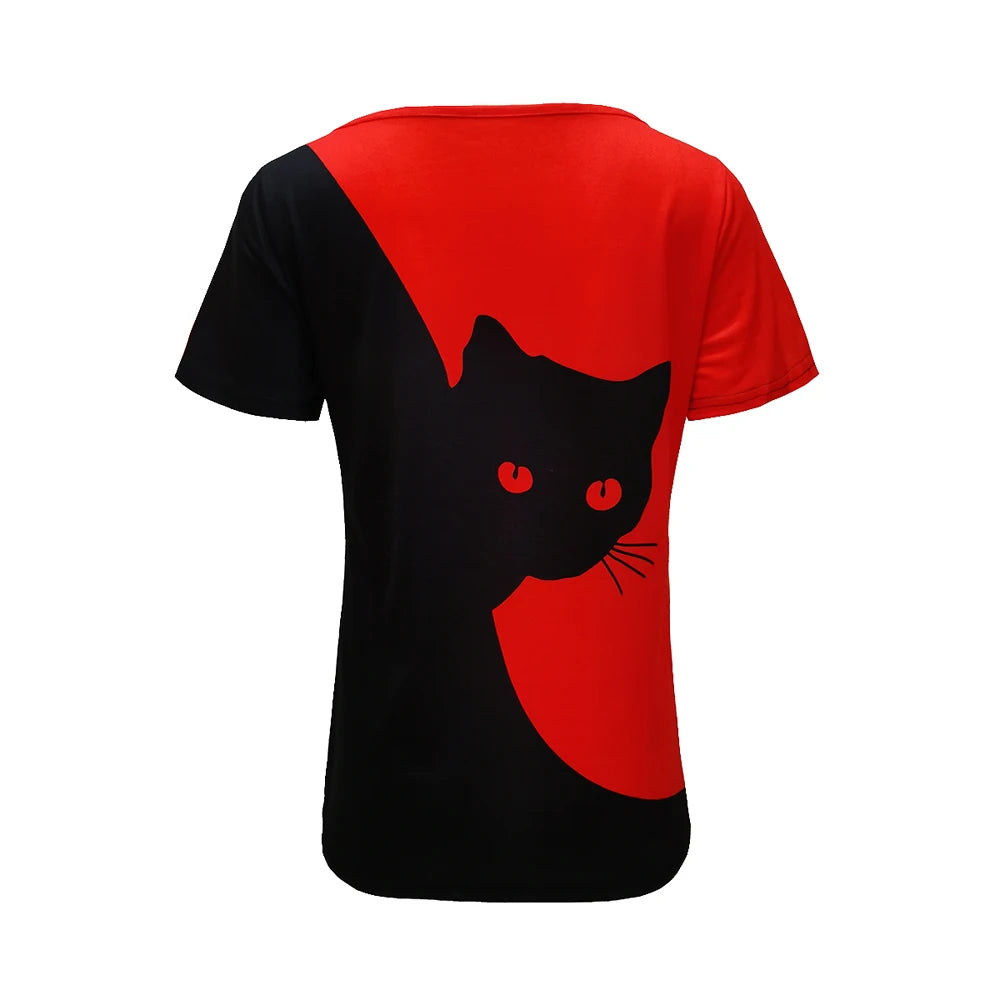 2023 summer women clothes blouse new style inclined collar black cat print short sleeve T-shirt women