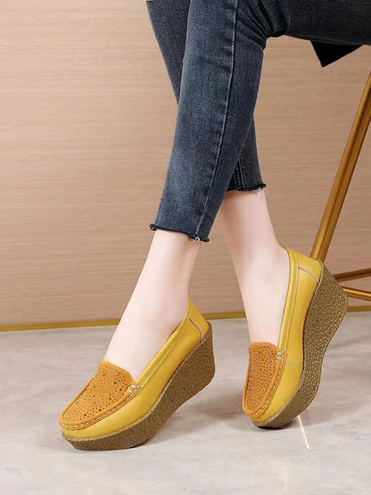 2025 Women Loafers Casual Wedges Shoes Slip on Platform Women's Middle-aged Mom Shoes Pu Leather Solid Moccasins Flats for Women