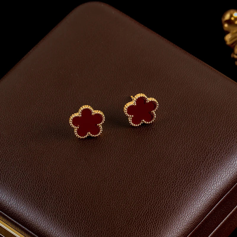 Stainless Steel White Plum Blossom Plant Leaf Flower Set Reversible Necklace Earrings Bracelet Women Clover Jewelry