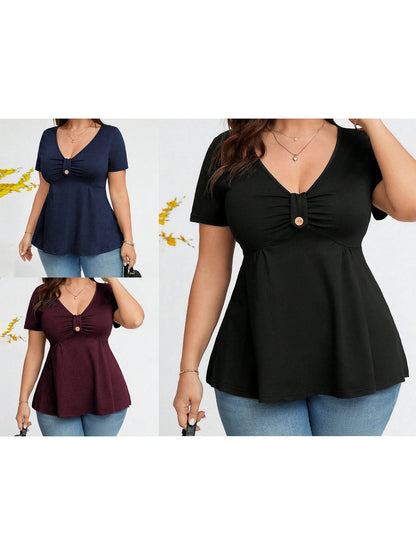 Women Plus Size Babydoll Tops Floral Print Ruched Button V Neck Short Sleeve Ruffle Shirts Casual Summer Streetwear Fashion