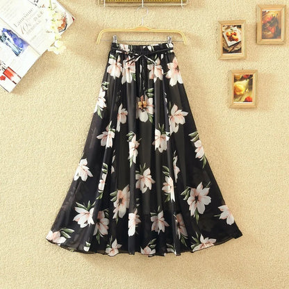 Elegant Chiffon Long Skirts For Women Autumn Casual Women's Floral Print Maxi Skirt Female High Waist Elastic A-Line Skirts