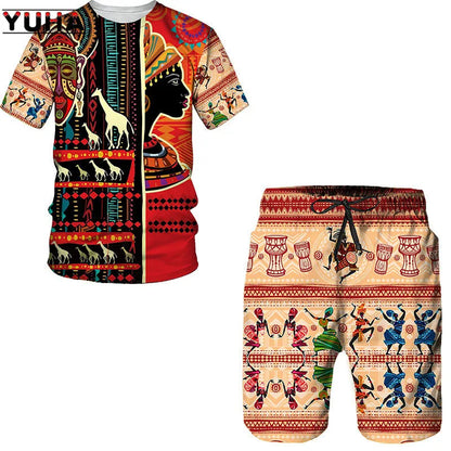 YUHA,3D Printed Men T-shirt Shorts Set 2pc Hip Hop Style Short Sleeve O-neck Summer African Folk-custom Pattern Men's Clothing S