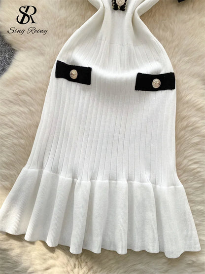 SINGREINY French Vintage Elegant Dress Women V Neck Buttons Elastic Waist Slim Fit Sundress Patchwork Mermaid Bodycon Dress
