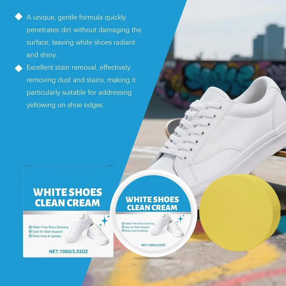 100g White Shoe Cleaner Cream Anti-Yellowing Stain Remover with Sponge Leather Mesh Rubber Canvas Cleaning Kit for Boots Shoes