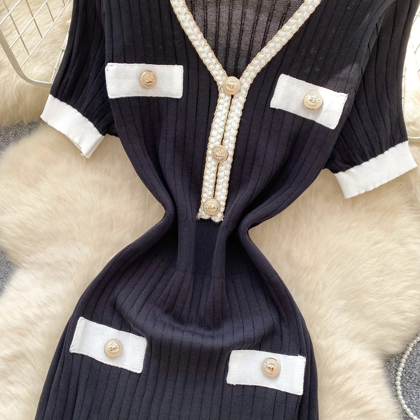 SINGREINY French Vintage Elegant Dress Women V Neck Buttons Elastic Waist Slim Fit Sundress Patchwork Mermaid Bodycon Dress