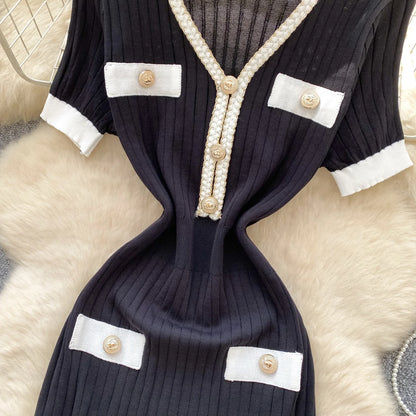 SINGREINY French Vintage Elegant Dress Women V Neck Buttons Elastic Waist Slim Fit Sundress Patchwork Mermaid Bodycon Dress
