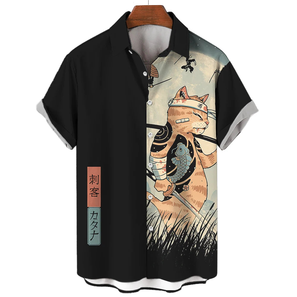 Casual Hawaiian Shirt Man Japanese Bushido 3d Pattern Shirt Men's Shirts Cartoon Animal Cat 3d Printing Men's Shirt Men Clothing