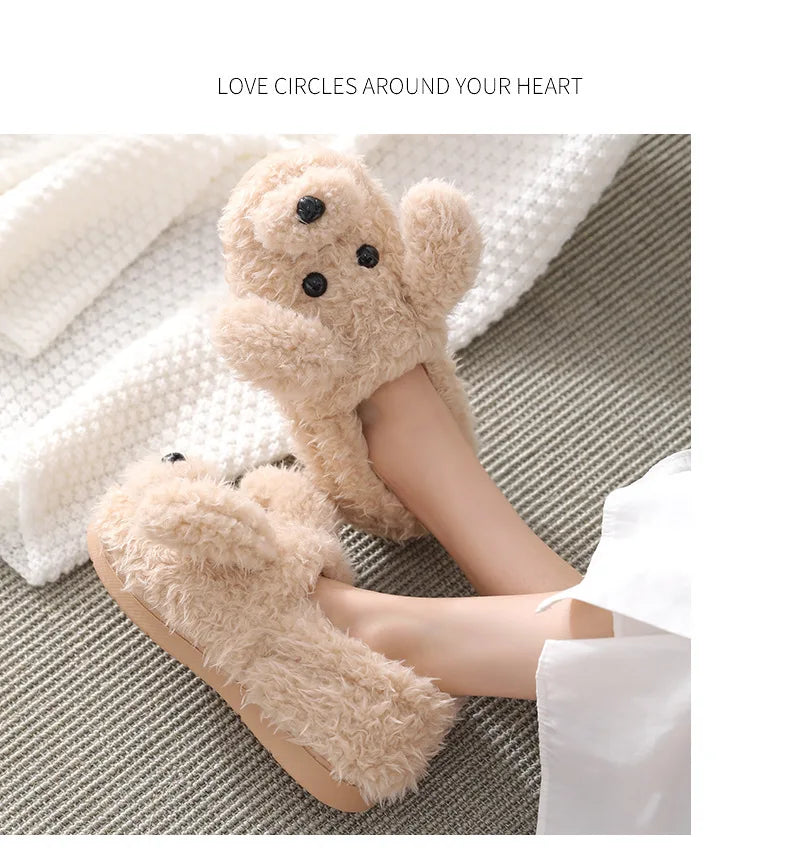 Gacimy Winter Warm Cotton Slippers For Women Comfortable Cute Dog Furry Shoes Couple Indoor Soft Platform Bedroom Plush Slippers